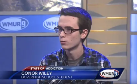 Conor Wiley is interviewed on television station WMUR in 2017 as part of a panel discussion about the opioid crisis. Wiley prese