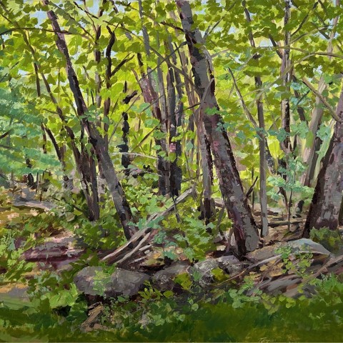 An oil painting of a forest scene