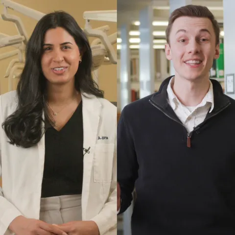 A collage of four student portraits across campus